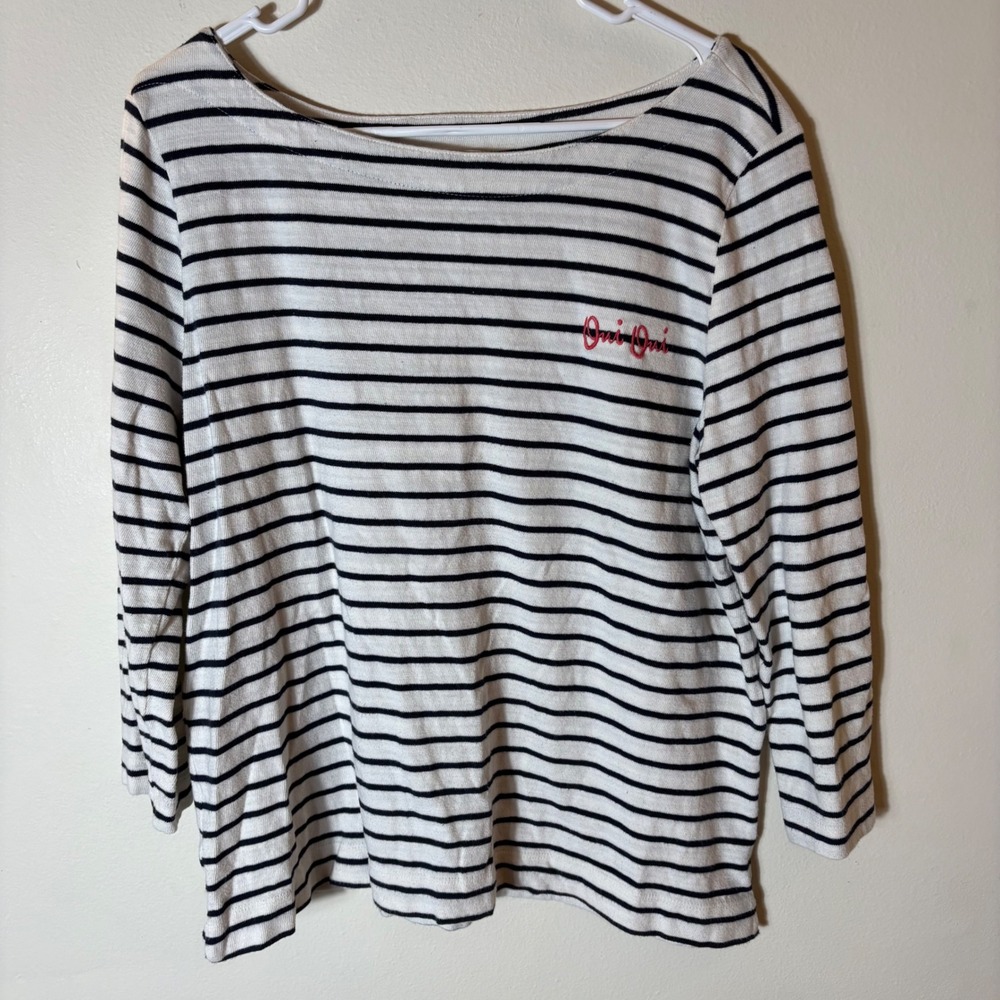 LOFT Striped Boat Neck Top Oui Oui Embroidered‎ Cotton White Navy XL